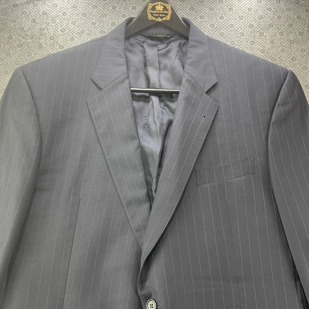 Jos A Bank Signature Gold 43L 36x34 Blue Navy Pinstripe Wool Suit Pleated Cuffed